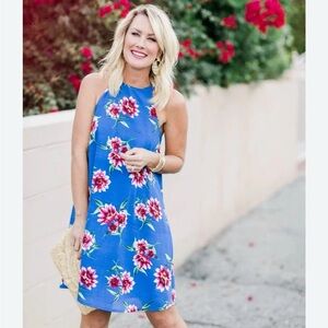 Gibson x Hi Sugarplum Midi Dress Floral Blue Tie Neck Halter Summer Vacation S